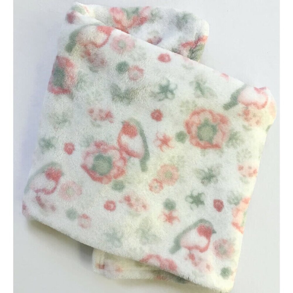 Forever Baby Floral Blanket Flower & Birds Pink Green White Plush Security 31x36